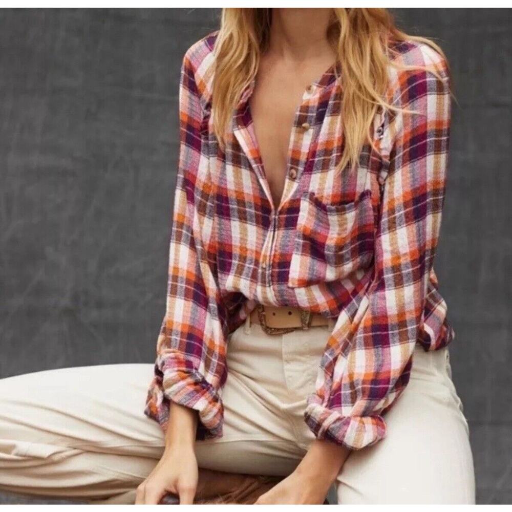 Anthropologie Pilcro Breezy Plaid Button down Shirt in Raspberry Size Med